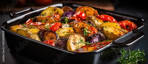 Seasonal vegan meal with rustic oven baked vegetables in a black dish on a gray stone background including potatoes tomatoes and peppers