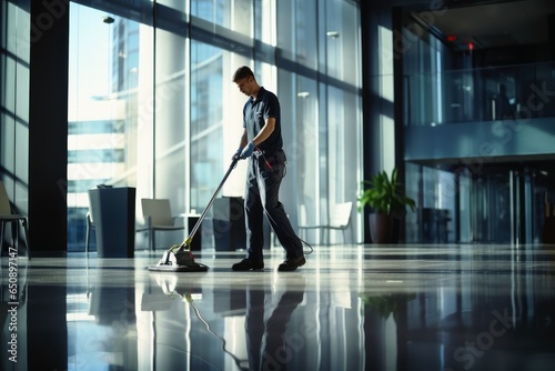 A building cleaner at work in an office building.