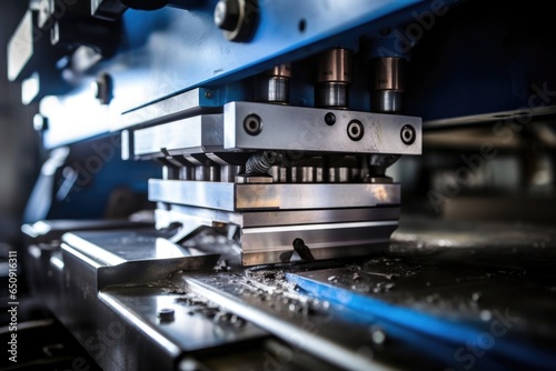 capturing the intricate process of metal bending, showcasing a hydraulic press brake bending a thick metal sheet into a precise angle or curvature as per the required fabrication design.