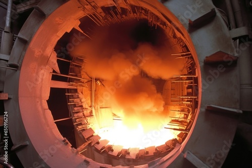 A closeup view of a biomass combustion chamber inside the plant. The chamber is a massive cylindrical structure surrounded by refractory bricks. Flames engulf the biomass, releasing intense