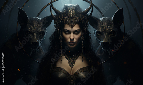The dark female goddess Hecate with jewels, symbols and ornaments, and two diabolical dogs in the background. Magical and demonic cults for mythologies and forbidden beliefs. Cinematic scene for Wicca