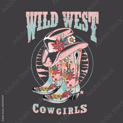 vintage Desert wild west cowgirl cap and bootee, Retro Cowgirl boots and hat. Colorful retro shooting stars. T-shirt or poster design of wild side. illustration of Cowgirl boot with western hat vector