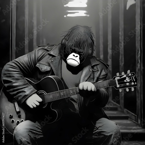 black and white photo of a gorilla playing guitar in leather jacket photo realistic 
