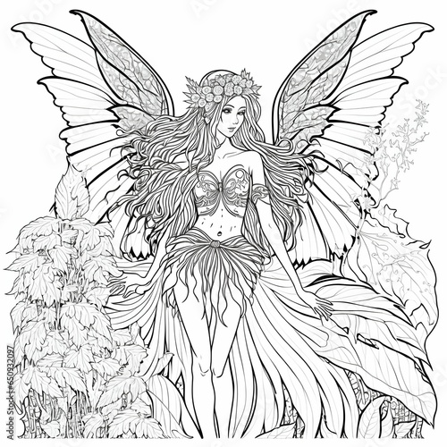 beautiful fantasy fairy with wings in forest to color for coloring book black and white solid bold lines high clarity detailed 