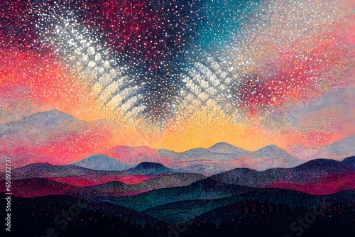 detailed intricately geometric handdrawn generative artwork contours and grid lines merging and combining with mathematical sound waves flowing across the landscape with the stars and rain 