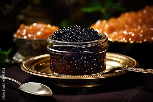 Black caviar in a glass jar on a dark background, Selective focus, golden plate, seafood, fish eggs, delicious caviar