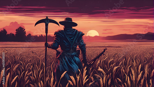 Farmer with a scythe in a wheat field at sunset 