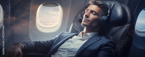 business man sleeping in the airplane window , business class seat on a private jet, 1st class airplane seat, luxury airliner banner with copy space