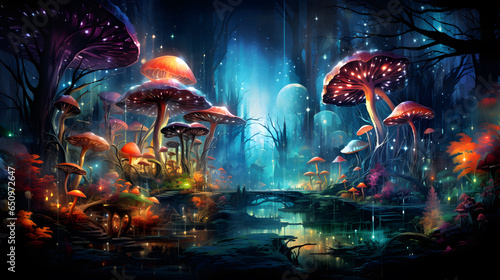 Fantasy fantasy landscape with fantasy forest, bridge and mushrooms, ai generated