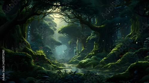 Fantasy landscape with fantasy forest and lake. Digital painting illustration.