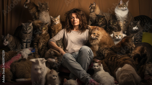 Unkempt Lonely Woman Sitting in a Dirty Room Surrounded by Cats