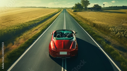 Coche descapotable clásico de color rojo en una carretera solitaria atravesando un prado