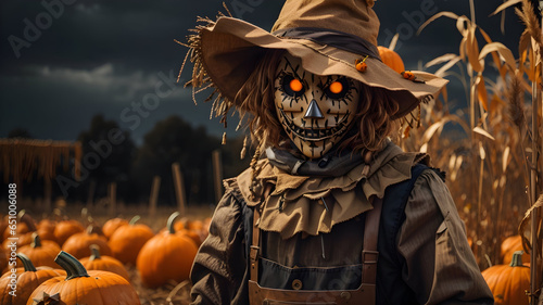 halloween scarecrow and pumpkins in the field Scary scarecrow figure with a carved pumpkin head stands amidst a field of vibrant orange pumpkins happy halloween