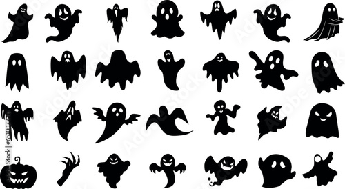 halloween ghost vector illustration featuring a set of unique silhouettes of ghost designs. Perfect for Halloween, this set includes traditional and abstract ghost, pumpkins and skeleton hands