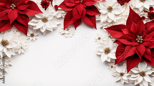 Christmas decoration. Frame of flowers of red poinsettia on a white background with copy space