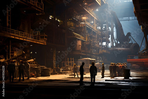 Industrial scene, workers on strike inside a factory