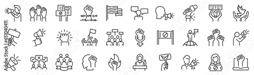 Set of 30 outline icons related to activism, protest. Linear icon collection. Editable stroke. Vector illustration