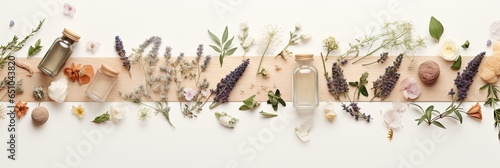 Herbal apothecary aesthetic. Dry herbs and flowers on a beige background. With Generative AI technology