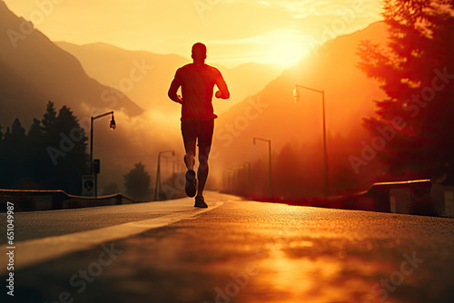 Silhouette of a jogger running along a road with the sun in his face