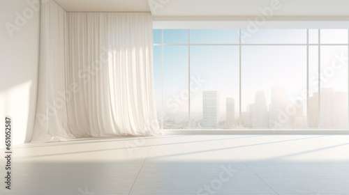 Floor-to-Ceiling Windows: On one side of the room, there are expansive floor-to-ceiling windows, allowing ample natural light to flood the space. White sheer curtains billow softly in the breeze