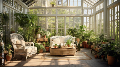 Garden Conservatory: Surrounded by greenery, this room features an abundance of indoor plants, wicker furniture, and a glass coffee table, blurring the line between indoors and outdoors
