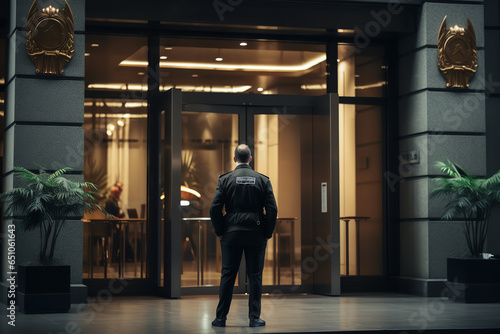 A vigilant security guard stands by the entrance of a bank, ensuring safety for both customers and staff
