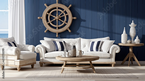 Nautical Charm: A navy blue and white striped sofa and a driftwood coffee table create a coastal vibe in this room Seashell decorations and a ship wheel on the wall complete the nautical theme