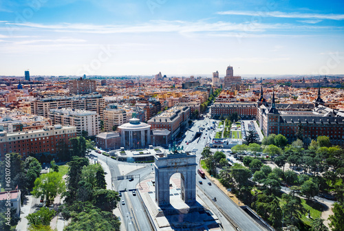 Triumphal Arch of Victory over Madrid cityscape panorama, Spain