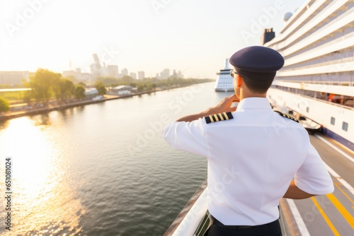 Back view happy excited young cheerful male man captain luxurious cruise crew ship liner tour standing dock elegant uniform. Sailing tourism sea ocean travel people boat yacht marine sailor navigation