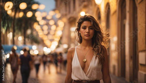 Bellissima donna italiana vestita elegante cammina nella strade di Roma la sera vicino ai negozi, luci della città.