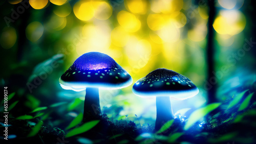 Magic mushrooms growing in the forest. Colorful mushrooms on a dark background. Generative AI