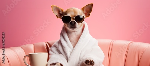 Chihuahua dog in spa wearing a robe sunglasses and drinking a martini