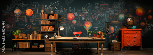 chalkboard wallpaper with education materials, books and science equipments on the desk and cupboard