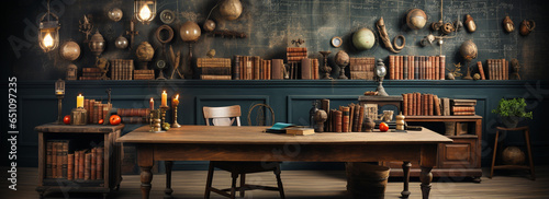 educational wallpaper with a chalkboard filled with science formulas and lab equipment illustrations.