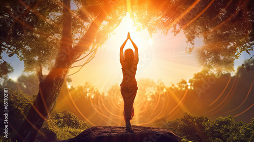 silhouette of a person in forest yin feminine yoga wellness - by generative ai
