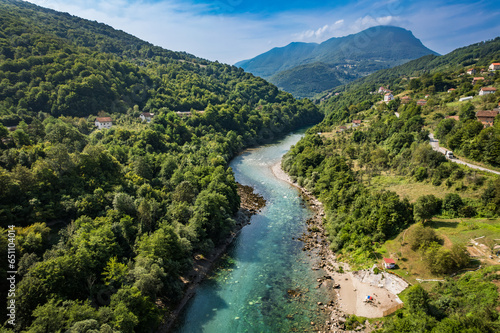 Aerial drone view of valley of the Drina river in Bosnia and Herzegovina in sunny weather. 
