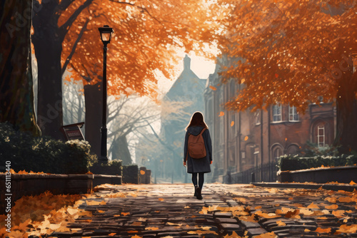 silhouette of a woman walking on old vintage campus college ivy league in autumn fall trees leaves in magazine editorial cinematic film look