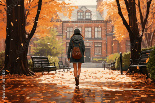 silhouette of a woman walking on old vintage campus college ivy league in autumn fall trees leaves in magazine editorial cinematic film look