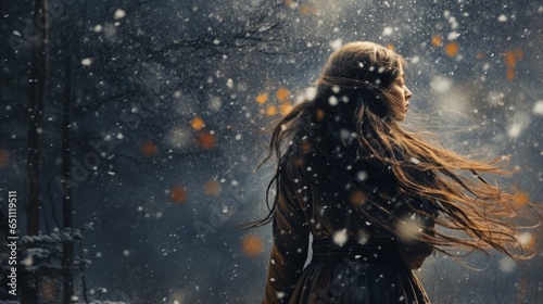 girl and falling snow.