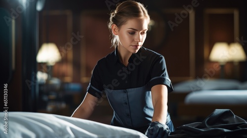 Professional chambermaid in uniform making bed in hotel room