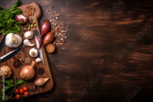 Kitchen board vegetables spices onion garlic, cooking set on wooden background, top view, generative ai