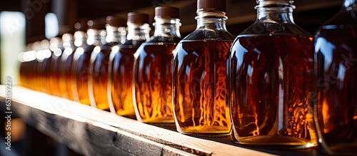 Maple syrup bottles on a rack in a small New Hampshire farm facility