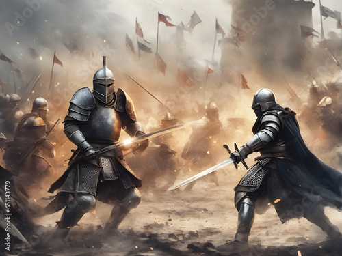 Epic battlefield. two medieval knights in armor fighting with swords. army of the dark ages. war, fighting. generative AI