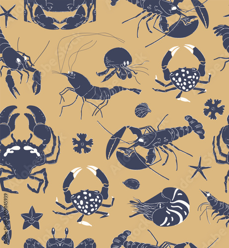 Seamless vector pattern with animals under water. Crab, shrimp, lobster, crayfish on beige background. Hand drawing sketch illustration for kitchen cover, fabric, wallpaper or wrapping paper