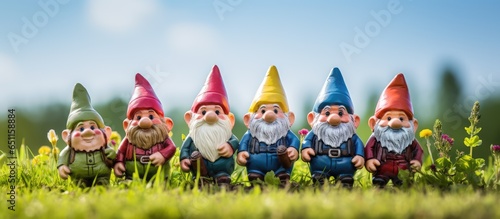 Group of colorful gnomes on green grass