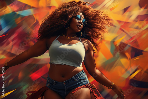 Young plus size black woman dancing in style of hip hop aesthetics, pop art