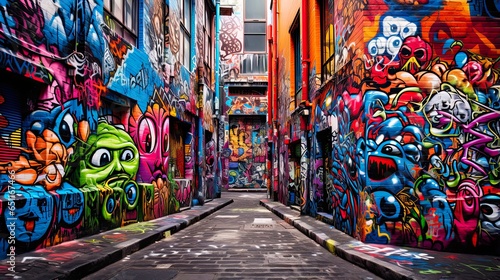 Colorful Street Art in Melbourne: Exploring the Funky Graffiti of Hosier Lane with Tags in Red and Blue Colors