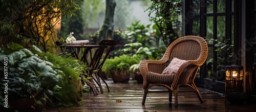 Rattan chair in a rainy courtyard evening