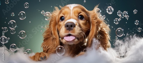 Cocker spaniel pup bathing in bubbles