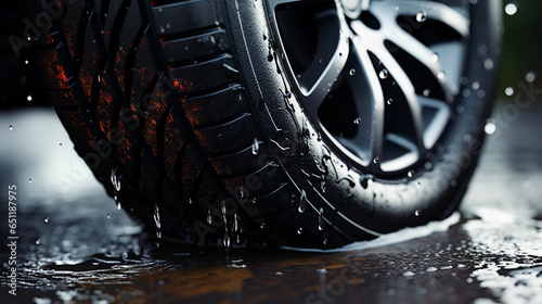 Close up portrait of. a car suv vehicle tire in rainy day, dripping wet wheel with water splash on road